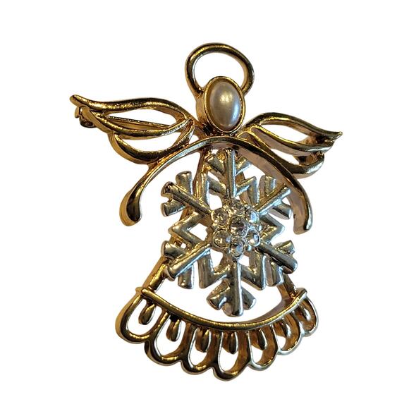 Vintage Angel Snowflake Brooch Gold Tone Rhinestone & Faux Pearl Christmas Pin - Picture 6 of 7